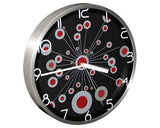 Modern radial wall clock in red, silver and black