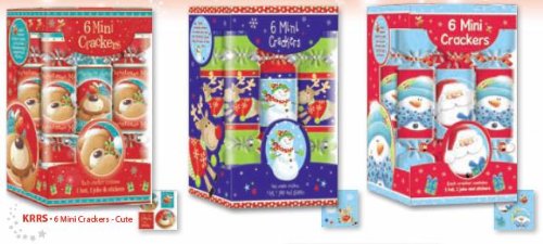 Twelve mini Christmas crackers supplied as two assorted packs of six