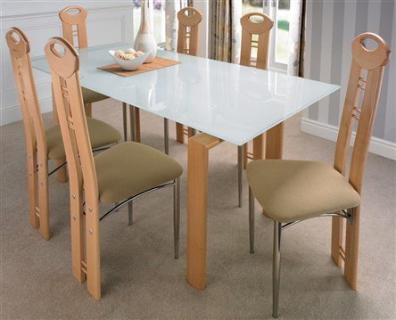 Livigno frosted glass dining table with six beech chairs