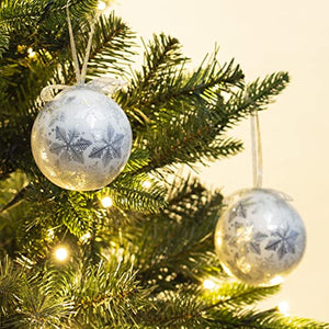 Set of 14 Christmas Baubles Gift Boxed Christmas Tree Decorations / 7.5cm Diameter Baubles (White & Silver Snowflake)
