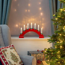 Load image into Gallery viewer, Red Arched Wooden Candle Bridge / 7 Warm White LEDs / Indoor Christmas Decoration / Battery Operated
