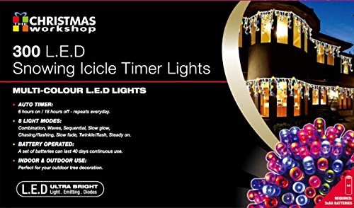 300 LED Battery Operated Timer Lights~ Snowing Icicle ~ Indoor and Outdoor ~Multi-Coloured