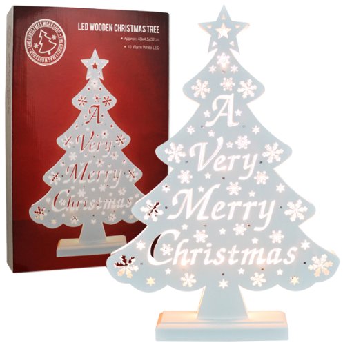 White wooden Christmas message tree with 10 warm white LEDs