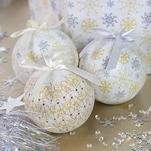 Set of 14 Christmas Baubles / Various Festive Designs / Gift Boxed Christmas Tree Decorations / 7.5cm Diameter Baubles (White & Gold Snowflake and Icicles)