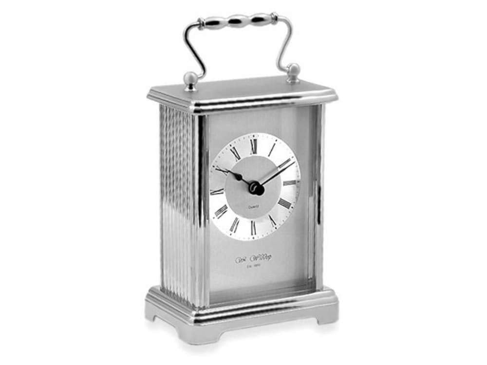 William Widdop W4312 silver carriage clock with Roman numeral dial
