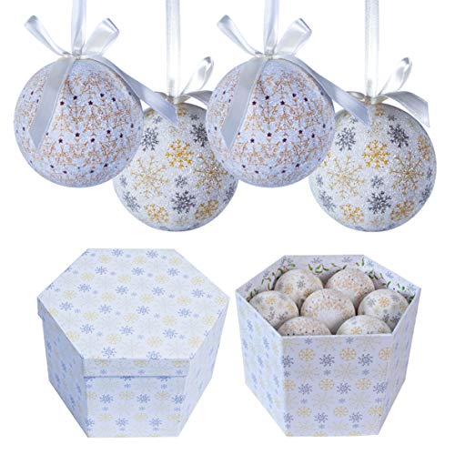 White and gold Christmas baubles with snowflake and icicle designs