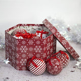Set of 14 red white snowflake baubles in presentation box