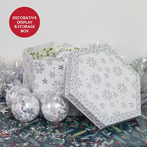 Set of 14 Christmas Baubles Gift Boxed Christmas Tree Decorations / 7.5cm Diameter Baubles (White & Silver Snowflake)