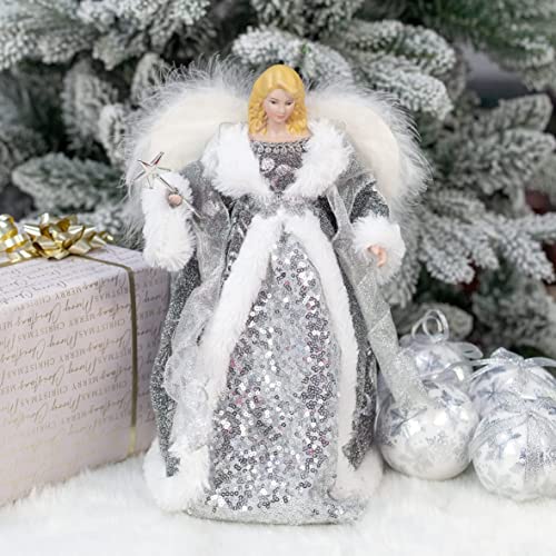 Angel Tree Topper / 12” Tall / Silver and White Dress / Indoor Christmas Decoration