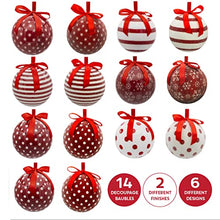 Load image into Gallery viewer, Set of 14 Christmas Baubles / Various Festive Designs / Gift Boxed Christmas Tree Decorations / 7.5cm Diameter Baubles (Red &amp; White Snowflake)
