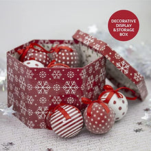 Load image into Gallery viewer, Set of 14 Christmas Baubles / Various Festive Designs / Gift Boxed Christmas Tree Decorations / 7.5cm Diameter Baubles (Red &amp; White Snowflake)
