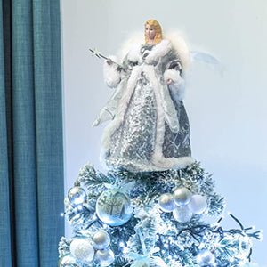 Angel Tree Topper / 12” Tall / Silver and White Dress / Indoor Christmas Decoration