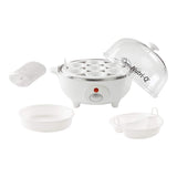 Seven-egg steam cooker with poaching tray and measuring jug