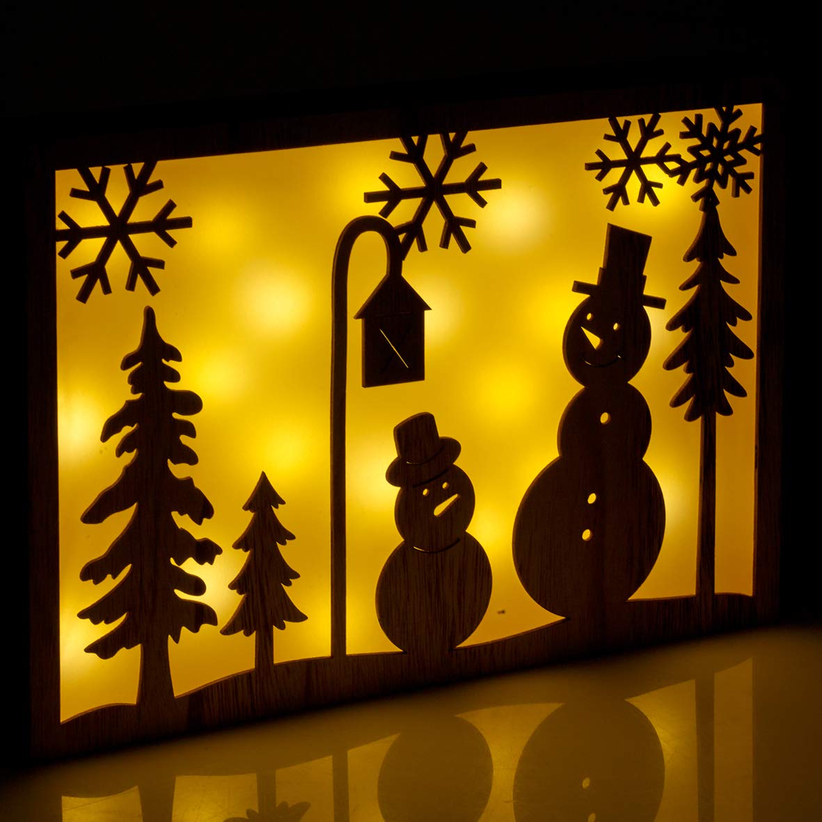 Wooden pine-colour snowman Christmas silhouette frame with warm white LEDs