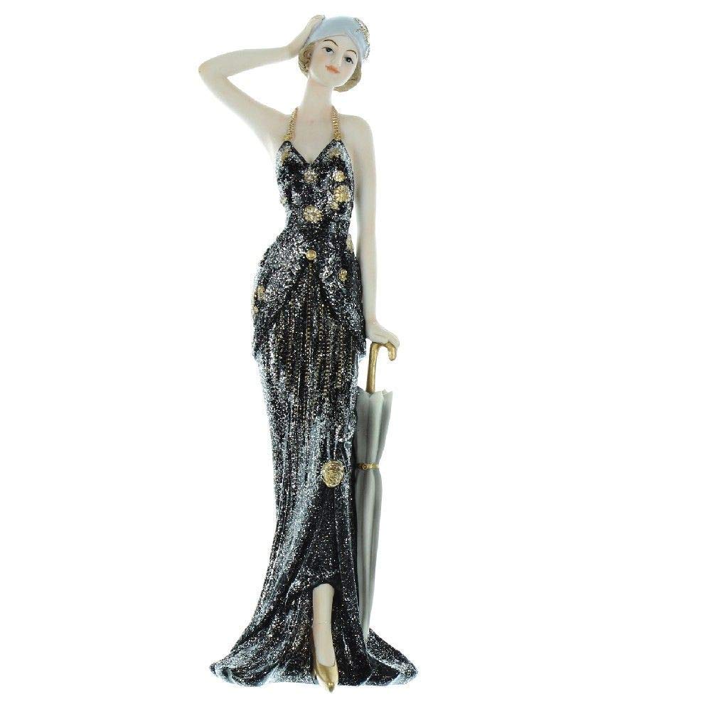 Stunning Art Deco Figurine ''Broadway Belles'' Lady Standing Rose Black Dress