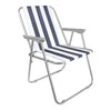 Blue and white striped folding outdoor chair with carry bag