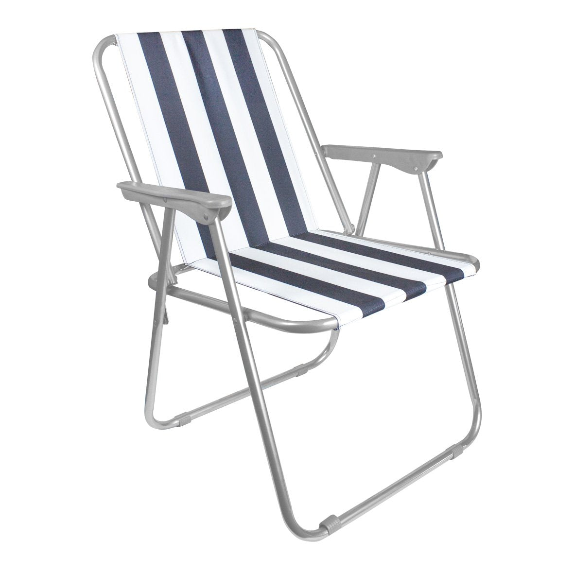 Blue and white striped folding outdoor chair with carry bag