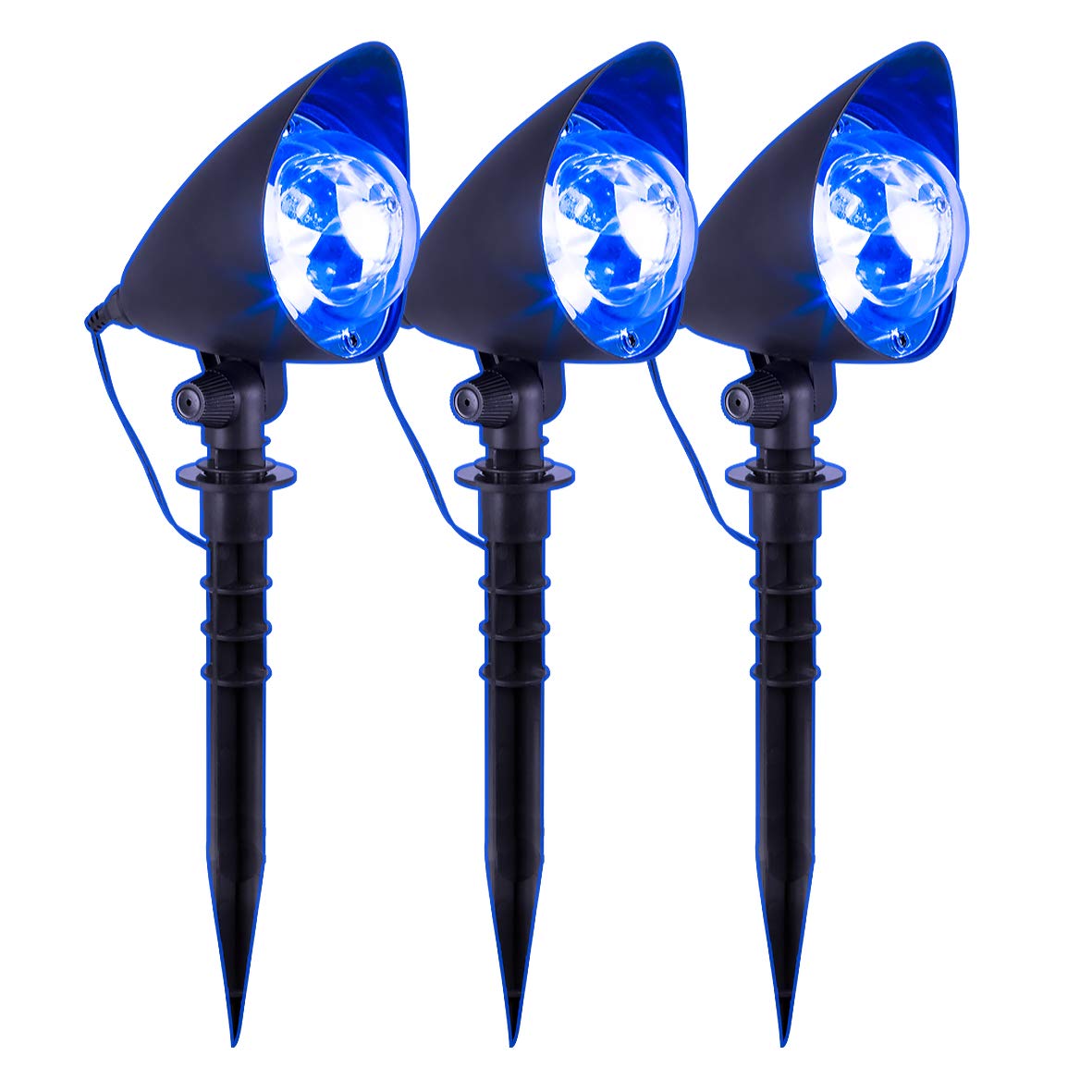 Three cool blue LED projector stake lights with 10m cable