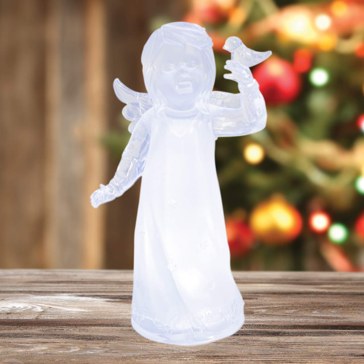 LED acrylic angel holding a bird Christmas ornament with warm white light