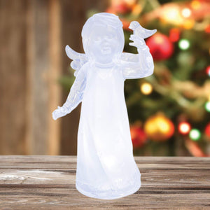 Battery Operated LED Lit Acrylic Angel Child with Bird Decorative Christmas Ornament
