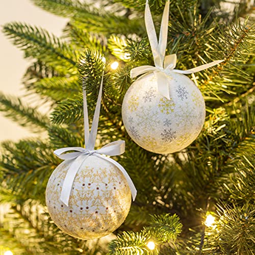 Set of 14 Christmas Baubles / Various Festive Designs / Gift Boxed Christmas Tree Decorations / 7.5cm Diameter Baubles (White & Gold Snowflake and Icicles)