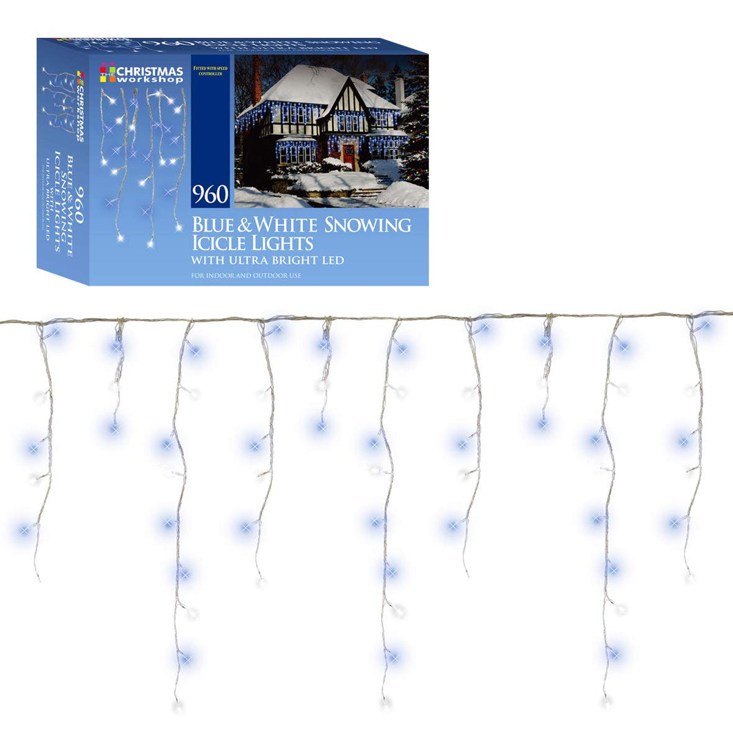 960 LED Ultra Bright white and brillant blue, snowing, Indoor and Outdoor, Icicle lights