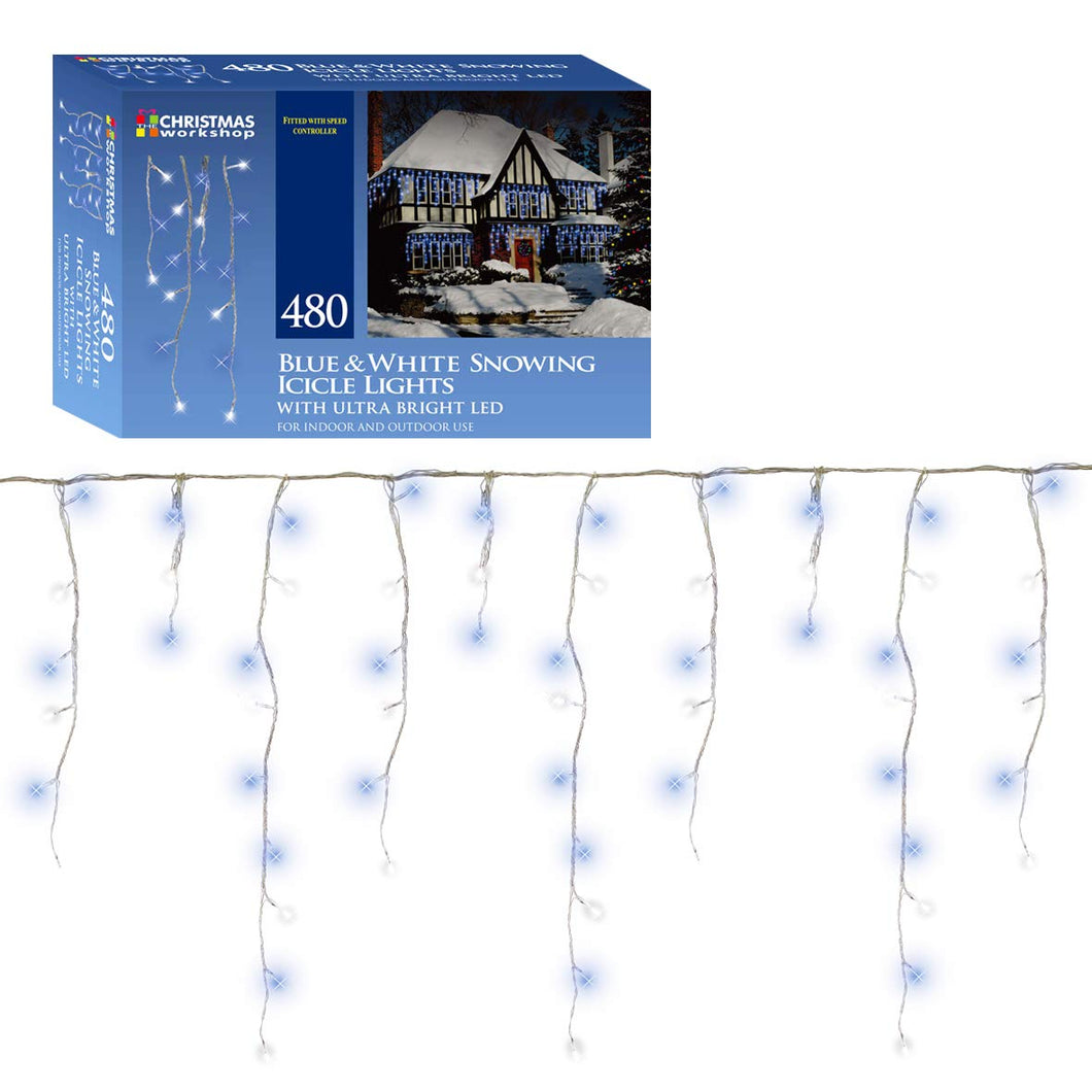 480 LED Bright Blue, brilliant white Snowing icicles, Indoor and Outdoor, lights