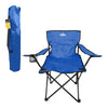 Blue folding camping chair with cup holder and carry bag