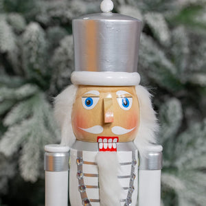 Wooden Nutcracker Soldier / 50cm Tall / White and Silver Christmas Decoration