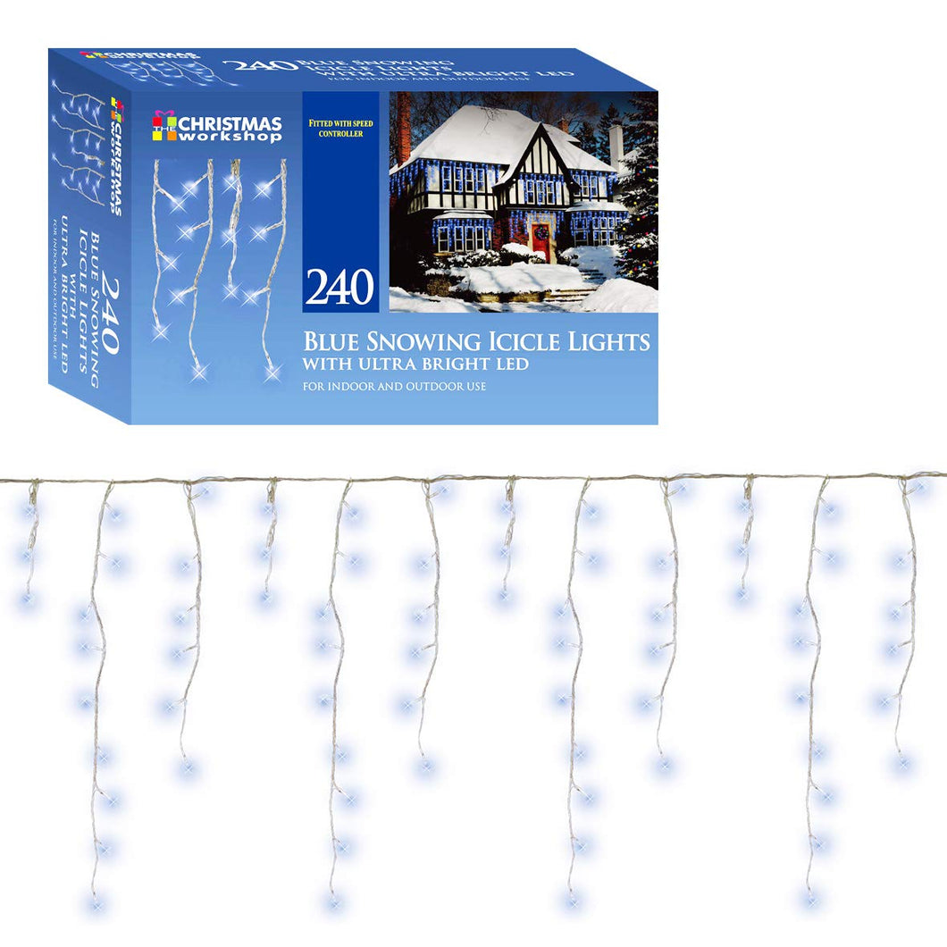 240 LED Bright Blue Snowing icicles, Indoor and Outdoor, lights