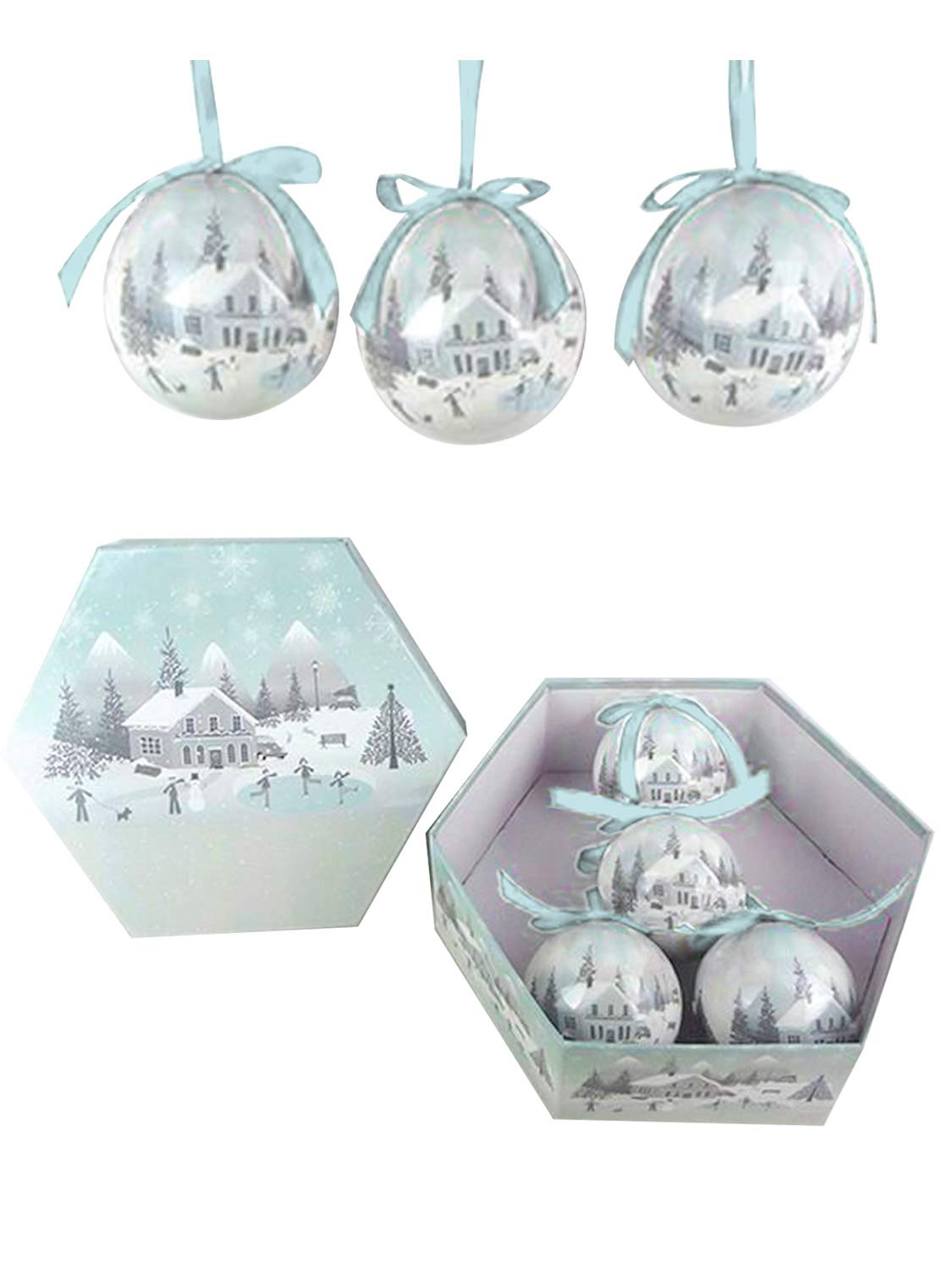 Set of 14 blue and white Snowy Village decoupage Christmas baubles 7.5cm