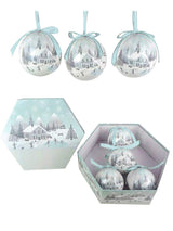 Set of 14 blue and white Snowy Village decoupage Christmas baubles 7.5cm