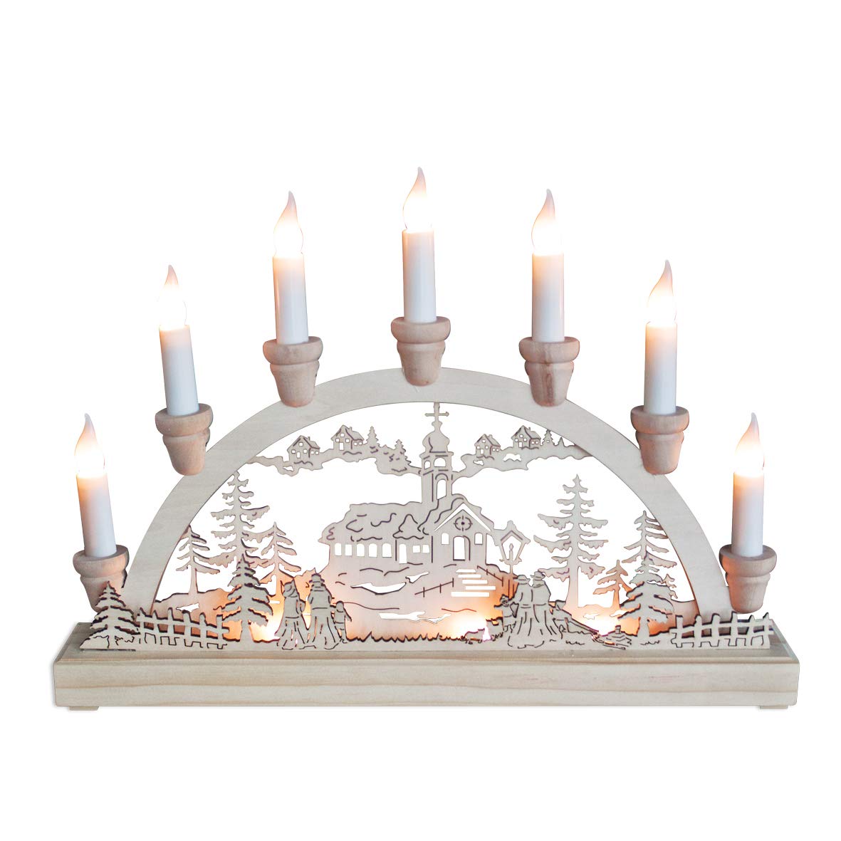 Wooden LED Christmas candle bridge winter scene for mantel or windowsill