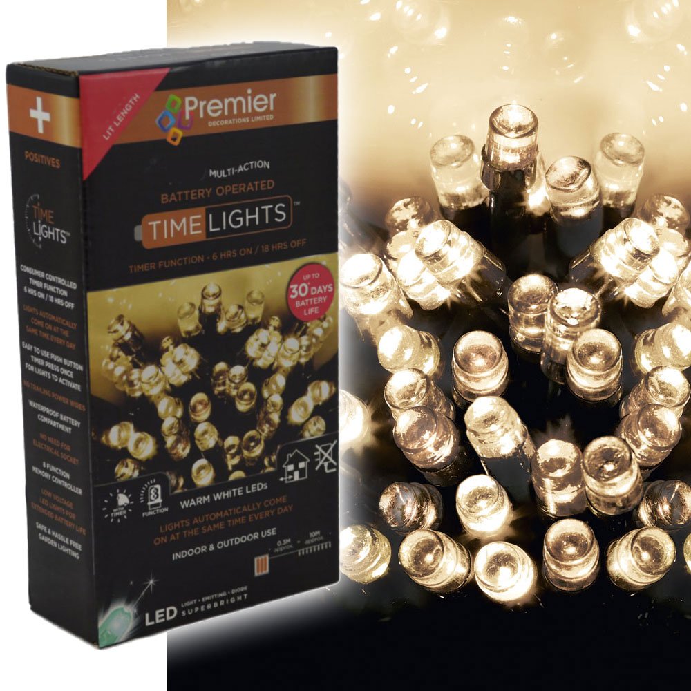 600 warm white battery Christmas lights with timer