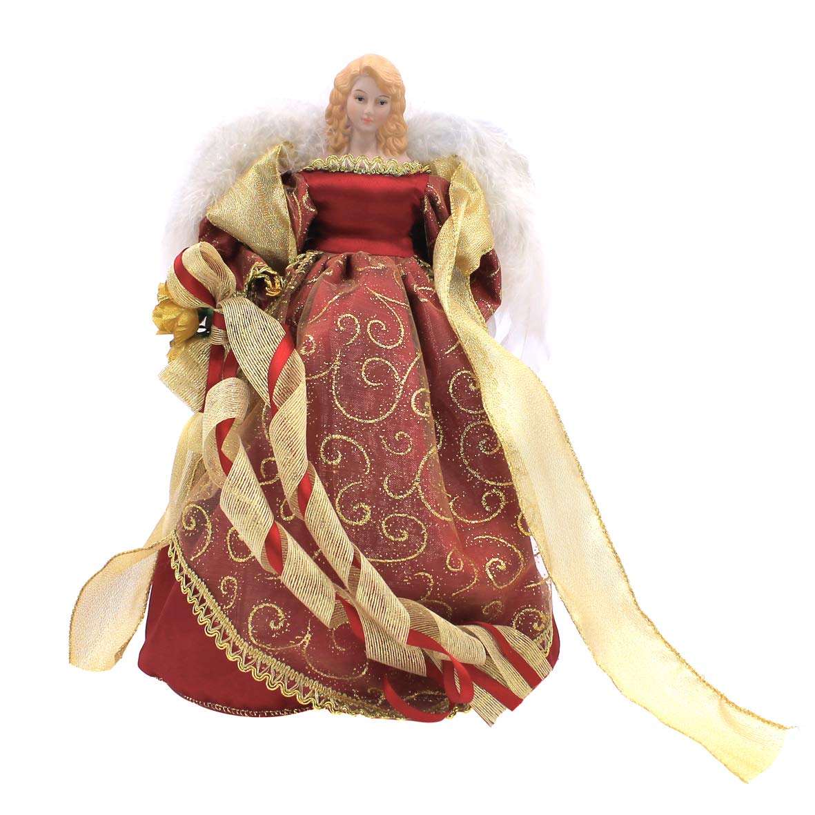 Gold and red 12 inch angel tree topper for indoor Christmas trees