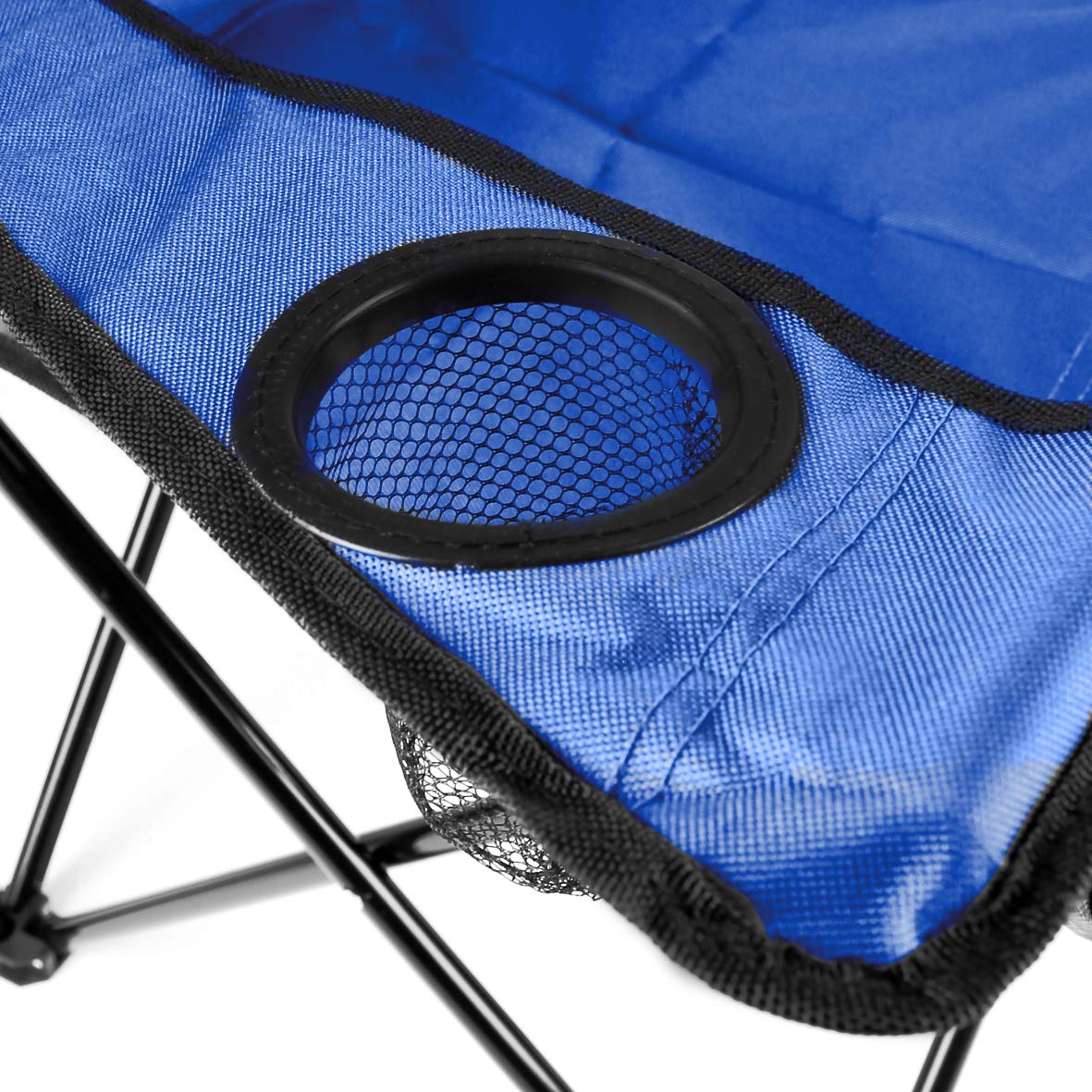 Blue folding camping chair with cup holder alternate view