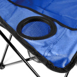 Blue folding camping chair with cup holder alternate view