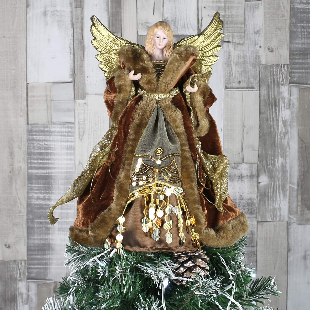 30cm copper and gold angel Christmas tree topper with feathered wings