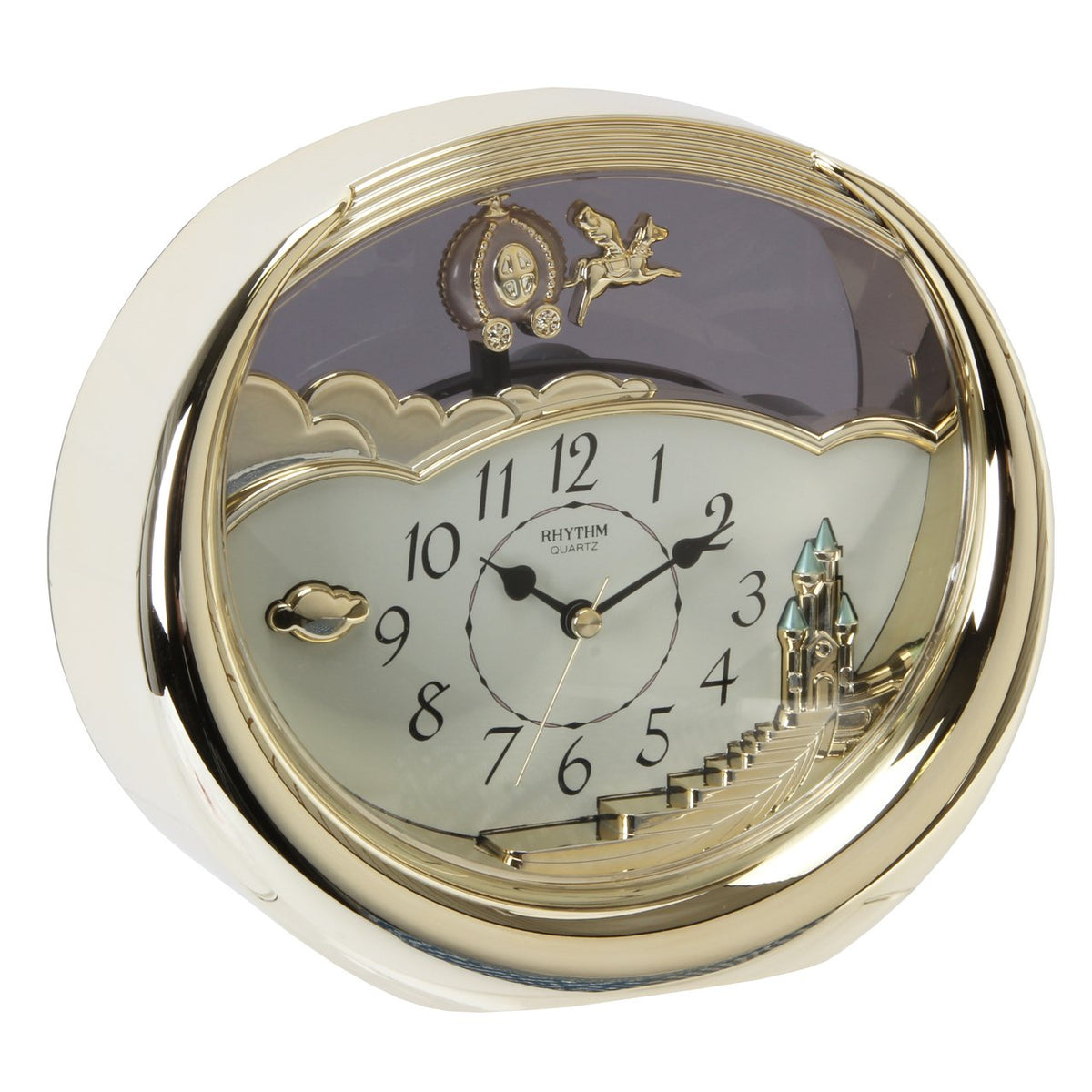 Rhythm gold oval pendulum mantel clock with carriage design
