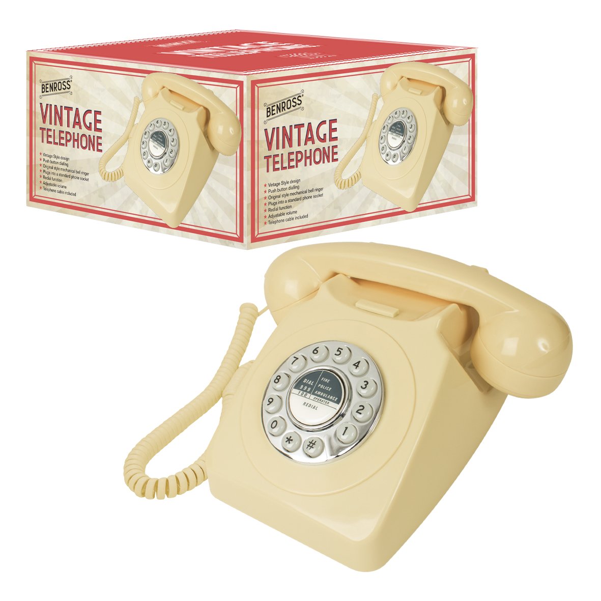 Benross cream retro corded telephone with push-button dial