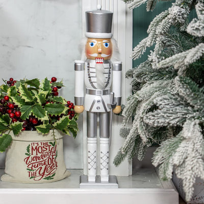 Wooden Nutcracker Soldier / 50cm Tall / White and Silver Christmas Decoration