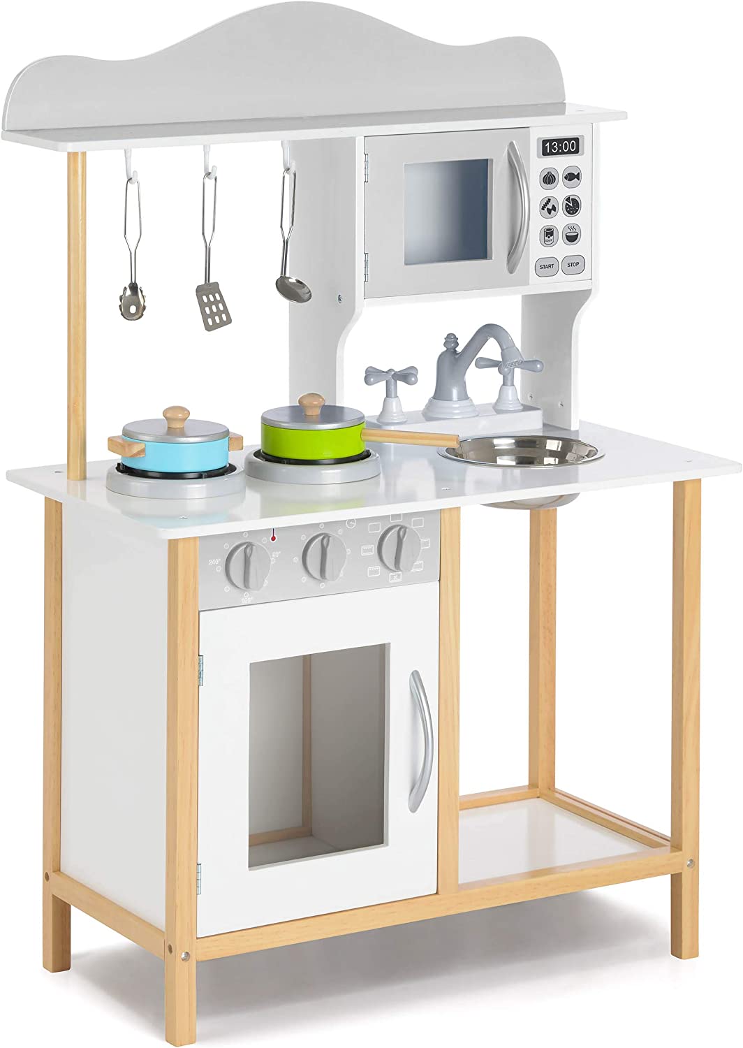 Wooden pretend kitchen with oven hobs microwave and sink