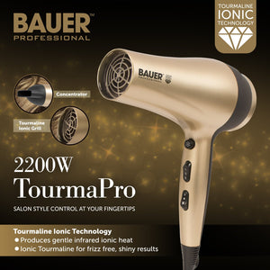 Bauer Professional TourmaPro 2200W Salon Quality Tourmaline Ionic Hair Dryer With Concentrator Nozzle