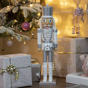Wooden Nutcracker Soldier / 50cm Tall / White and Silver Christmas Decoration