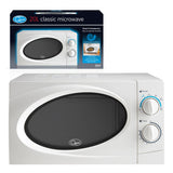 White Quest microwave with six power settings and defrost