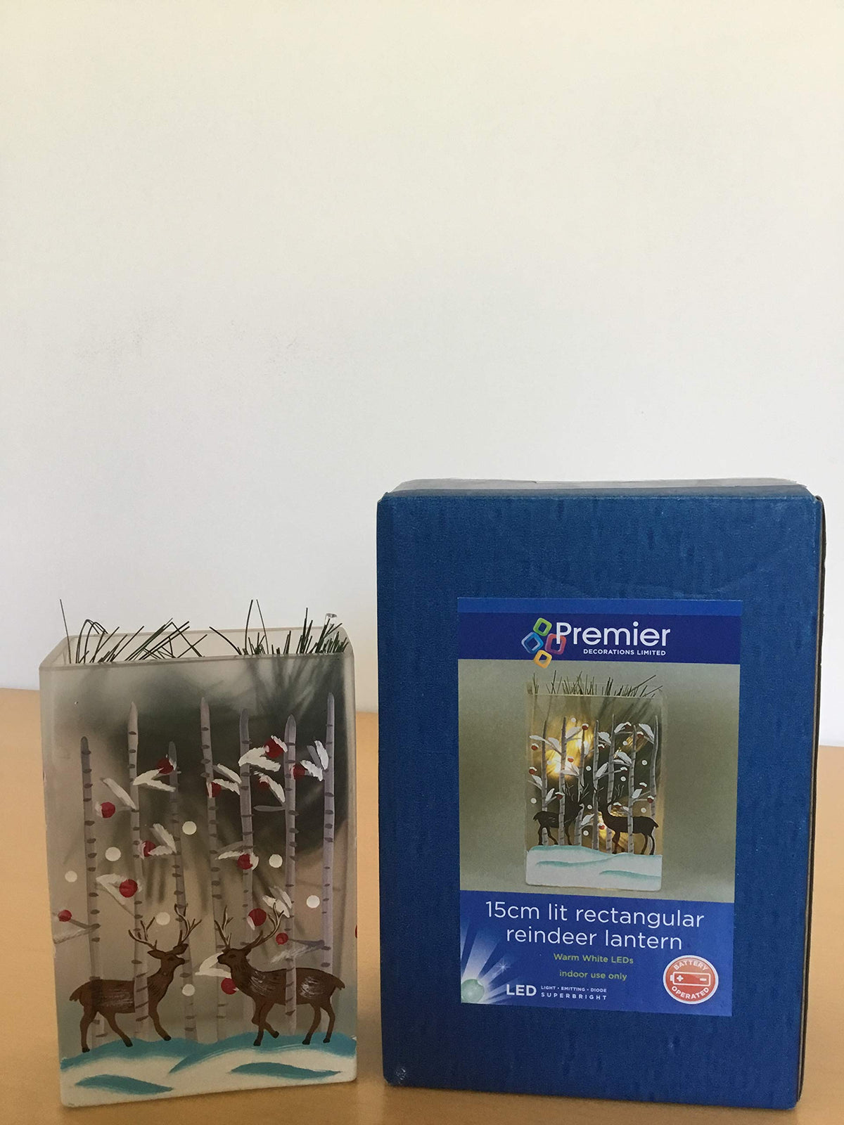 Rectangular reindeer vase with battery-operated warm white LEDs