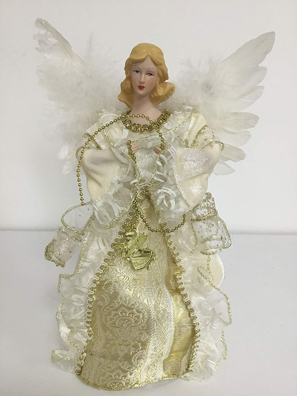 30cm cream and gold angel Christmas decoration with feather wings and bead garland