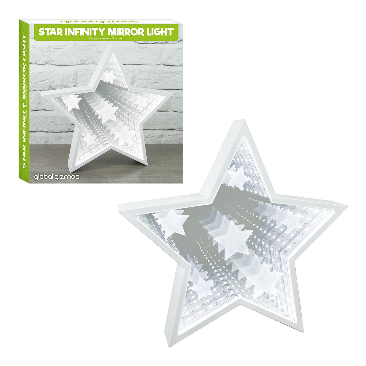 Star-shaped infinity mirror with white LED starburst effect
