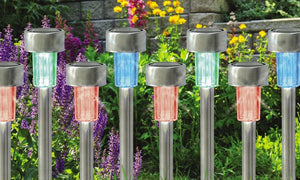 Multi Solar Powered Garden Lights/Set of 10 / Bollard Shape/Colour Changing LED’s/Rechargeable Battery/Auto-On, 10 Pack