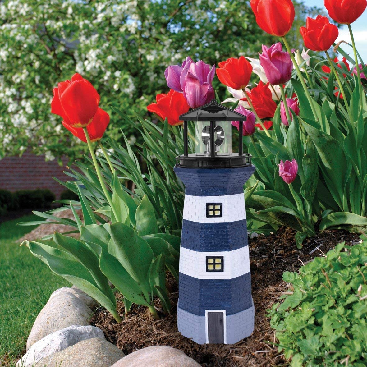 GardenKraft blue and white solar revolving LED lighthouse